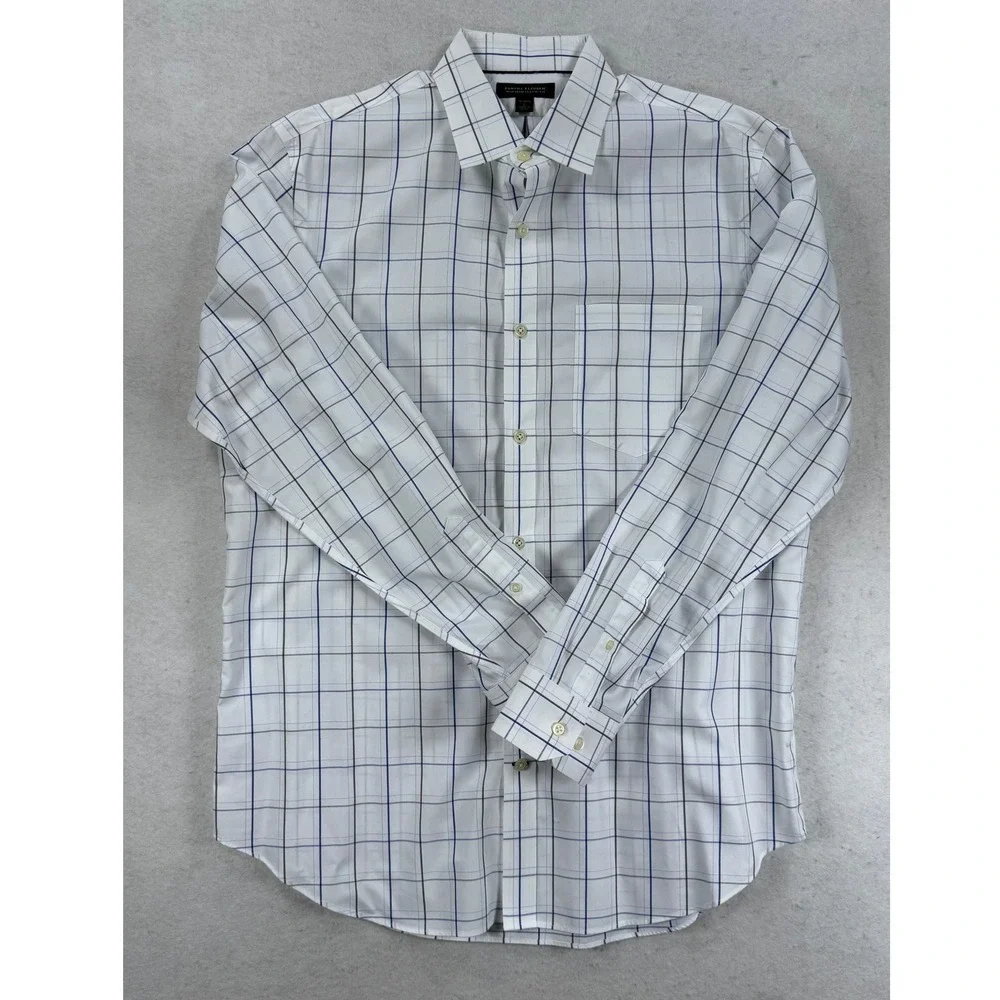 Banana Republic Mens Non-Iron Classic Fit Windowpane Dress Shirt White Blue L